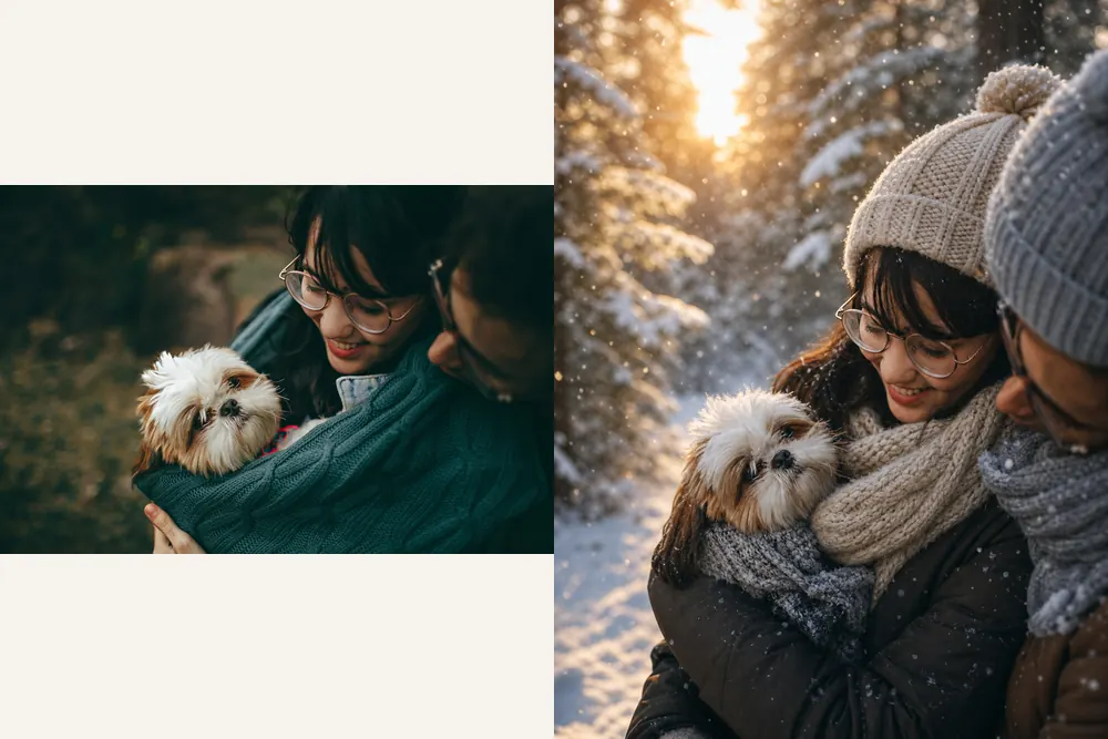Photo of a smiling woman with glasses holding a small white and brown Shih Tzu, with a man leaning in, next to the AI Christmas portrait of the same couple and dog in a snowy forest at golden hour in knitted hats and scarves