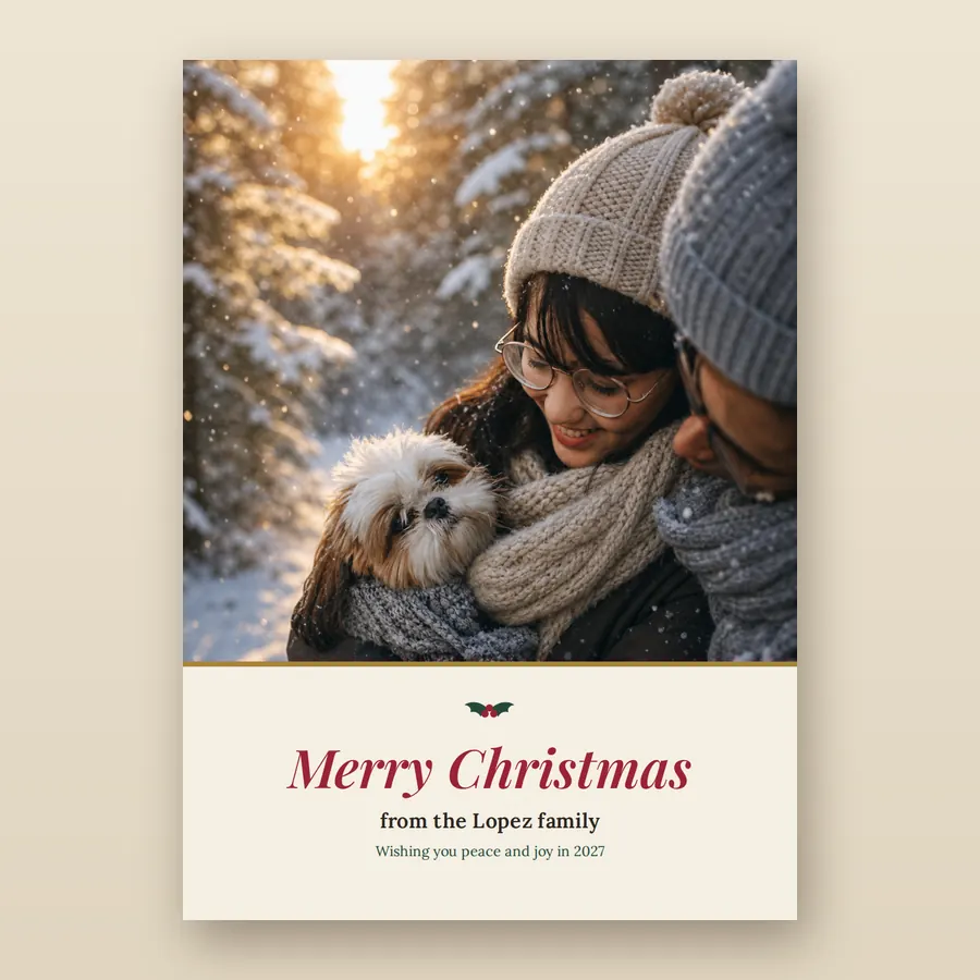 A finished 5 by 7 inch Christmas card on a cream table: a snowy-forest portrait of a couple and their small dog above the greeting Merry Christmas from the Lopez family in red script and serif type