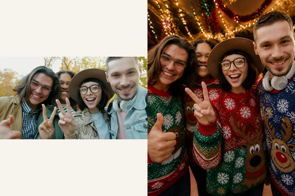 Selfie photo of four smiling friends outdoors in autumn next to the AI Christmas portrait of the same four people in loud reindeer and snowflake Christmas sweaters at a party with string lights
