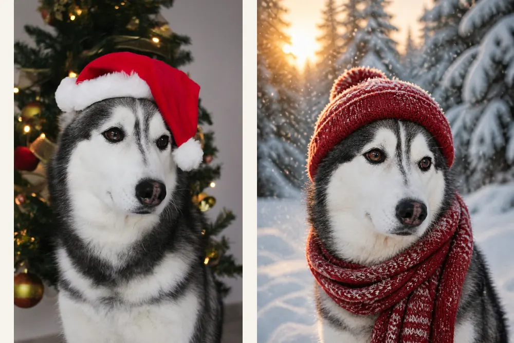 Photo of a husky in a Santa hat in front of a Christmas tree next to the AI Christmas portrait of the same husky in a red knitted beanie and scarf in a snowy forest at sunset