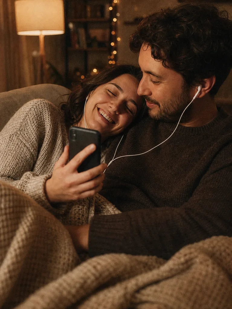 A couple on a sofa under a blanket sharing earphones, she laughs with her eyes closed as a song plays on her phone