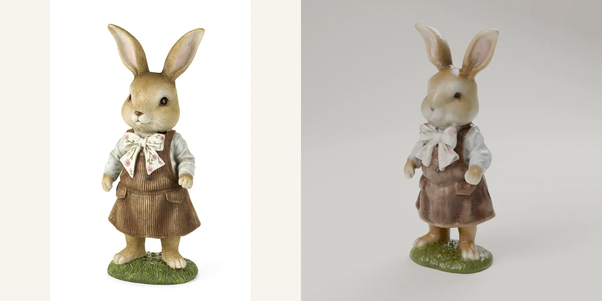 Photo of a ceramic rabbit figurine in a brown dress and floral bow on the left and, on the right, a studio render of the print-ready 3D model of the same rabbit standing on a grassy base