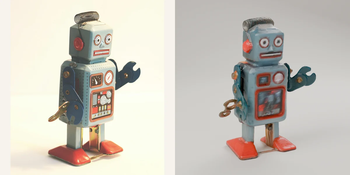 Photo of a vintage turquoise tin robot toy with a wind-up key on the left and, on the right, a studio render of the print-ready 3D model of the robot in blue-grey with orange feet and a red-trimmed chest panel